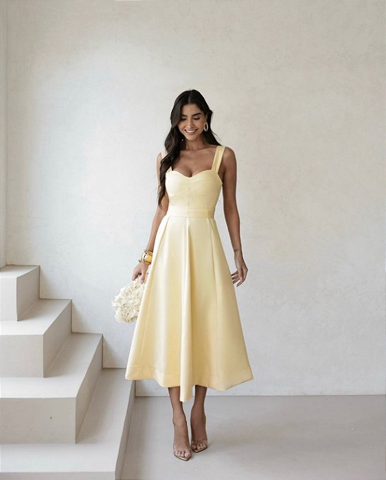 VESTIDO CAMILLE MIDI COM FAIXA - AMARELO MANTEIGA