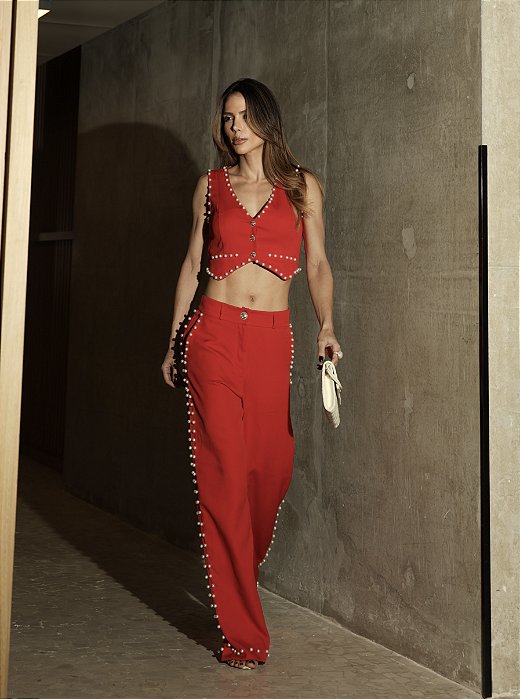 CONJUNTO COLETE E PANTALONA ALFAITARIA PÉROLAS CELEBRATION - VERMELHO