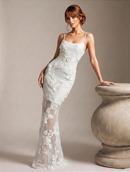 VESTIDO LONGO BORDADO PÉROLAS CELEBRATION - BRANCO
