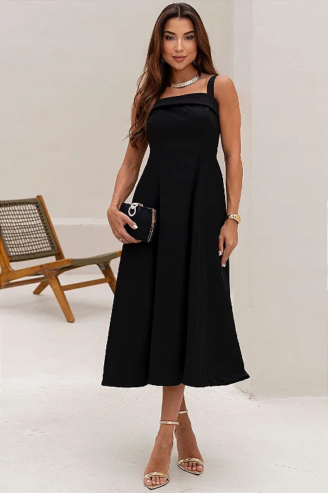 VESTIDO TEODORA COM ALÇA E BOLSOS - PRETO
