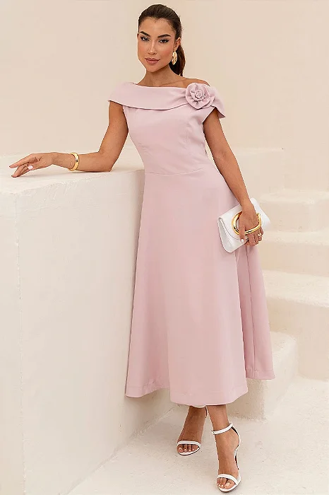 VESTIDO HILDA MIDI DETALHE FLOR - ROSA