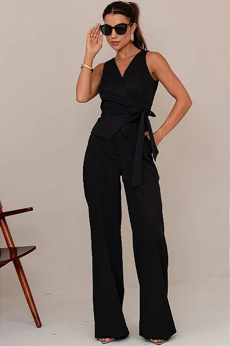 CONJUNTO MELINA CALÇA COM BLUSA TRANSPASSADA - PRETO
