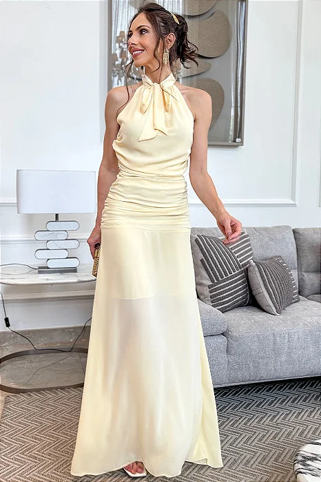 VESTIDO LINIK LONGO CREPE DRAPEADO ZÍPER COSTAS - AMARELO