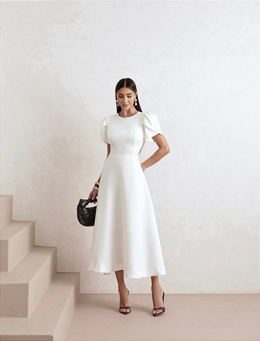 VESTIDO OLIVIA MIDI COM MANGA ALAFAIATARIA - BRANCO