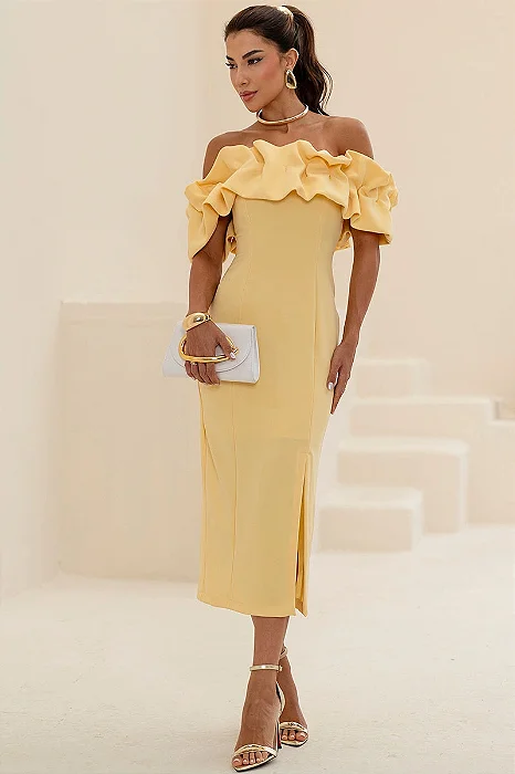 VESTIDO OMBRO A OMBRO MIDI BABADOS PATY - AMARELO