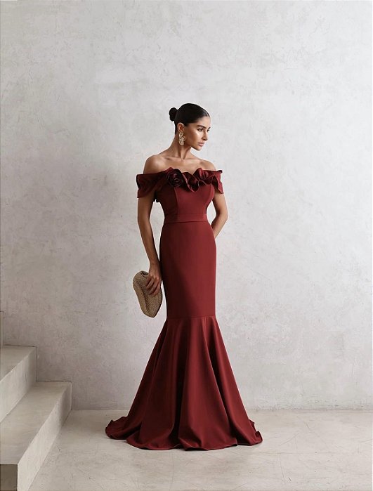 VESTIDO DE FESTA FRANÇA OMBRO A OMBRO - MARSALA