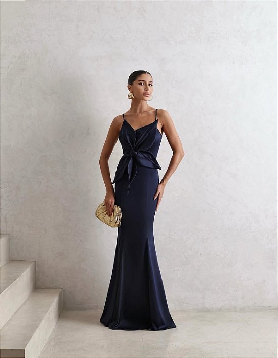 VESTIDO DE FESTA LONGO INGLATERRA FLOWERS - AZUL MARINHO