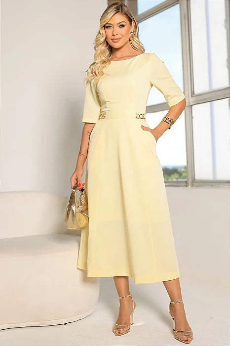 VESTIDO HEBE MIDI MANGA CURTA COM DETALHE METAL - AMARELO