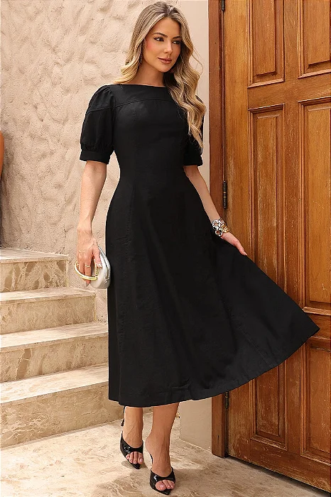 VESTIDO MIDI OHANA MANGA CURTA COM BOLSOS - PRETO