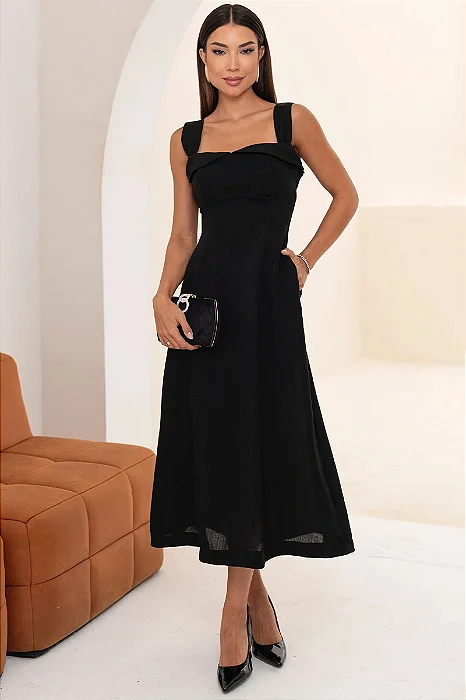 VESTIDO FRANCISCA MIDI ALÇA LARGA - PRETO