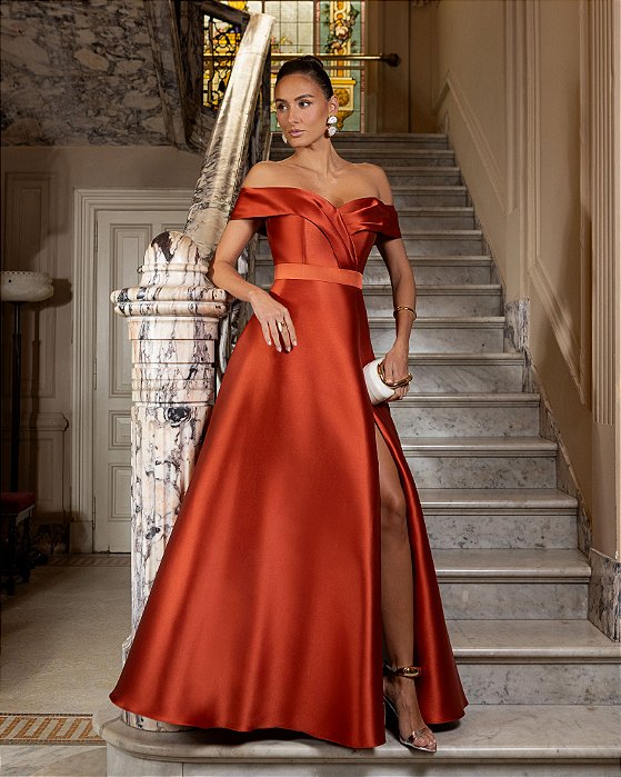 VESTIDO DE FESTA ITÁLIA OMBRO A OMBRO ZIBELINE - TERRACOTA
