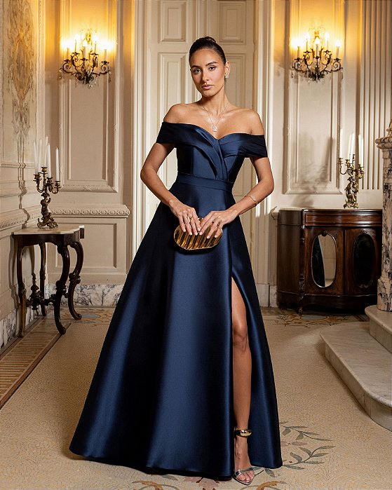VESTIDO DE FESTA ITÁLIA OMBRO A OMBRO ZIBELINE - AZUL MARINHO