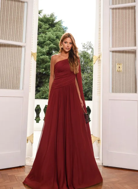 VESTIDO LONGO UM OMBRO SOPHIA - VINHO