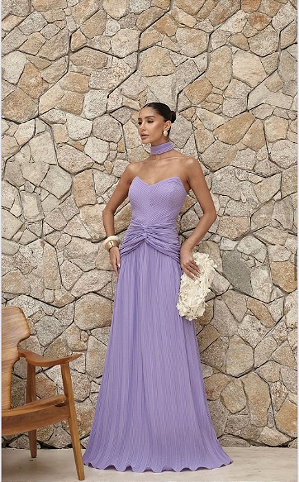 VESTIDO LONGO COM CHOKER SAIA PLISSADA SUZANA - LILÁS