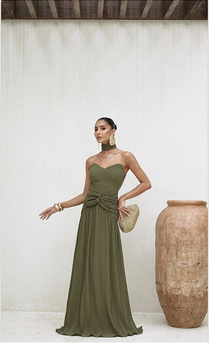 VESTIDO LONGO COM CHOKER SAIA PLISSADA SUZANA - VERDE MILITAR