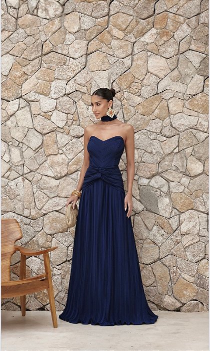 VESTIDO LONGO COM CHOKER SAIA PLISSADA SUZANA - AZUL MARINHO