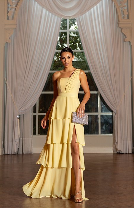 VESTIDO DE FESTA HOLANDA UM OMBRO SAIA CAMADAS - AMARELO