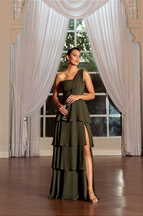 VESTIDO DE FESTA HOLANDA UM OMBRO SAIA CAMADAS - VERDE OLIVA