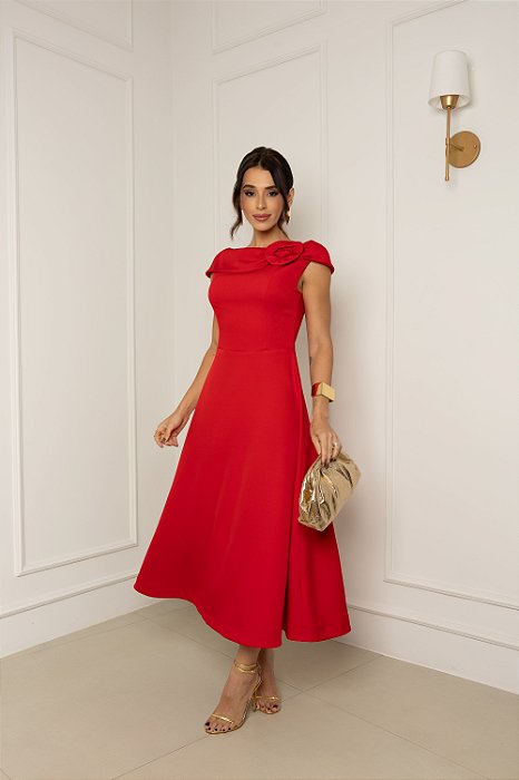 VESTIDO HILDA MIDI DETALHE FLOR - VERMELHO