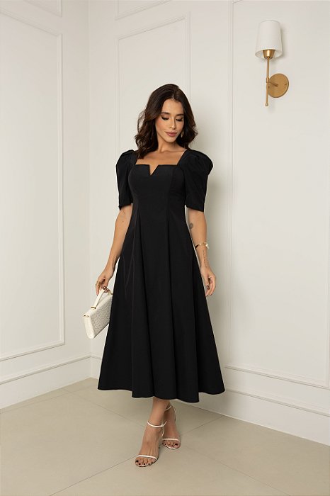 VESTIDO DAFNY DECOTE V COM MANGA - PRETO