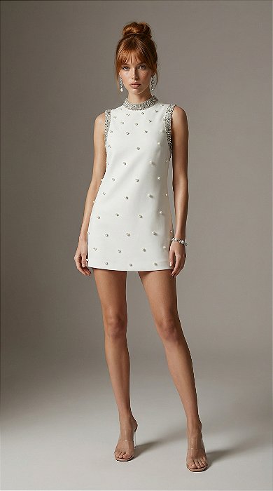 VESTIDO CURTO PEDRARIA E PÉROLAS NOBLESSE - OFF WHITE