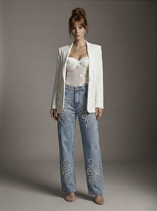 CALÇA JEANS 4 BORDADOS DE PÉROLAS NOBLESSE