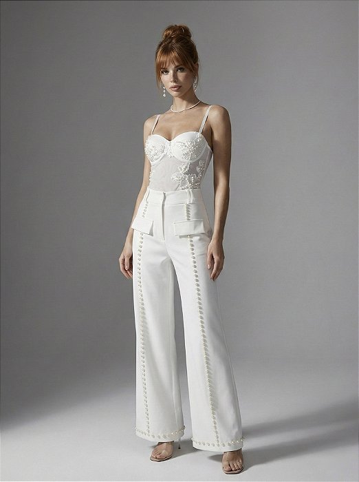 BODY TULE BORDADO PÉROLAS NOBLESSE - OFF WHITE