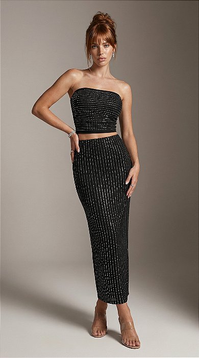 CONJUNTO CROPPED E SAIA MIDI NOBLESSE - PRETO