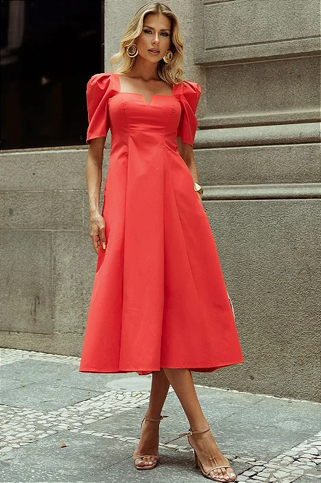 VESTIDO DAFNY DECOTE V COM MANGA - VERMELHO