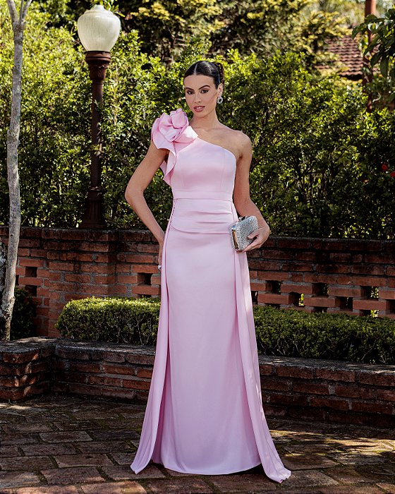 VESTIDO DE FESTA PATRICIA CREPE ACETINADO FLOWERS - ROSÉ