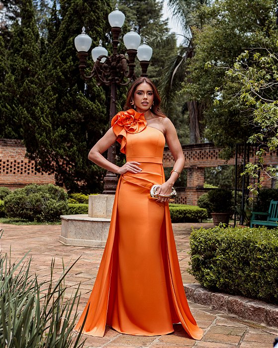 VESTIDO DE FESTA PATRICIA CREPE ACETINADO FLOWERS - LARANJA