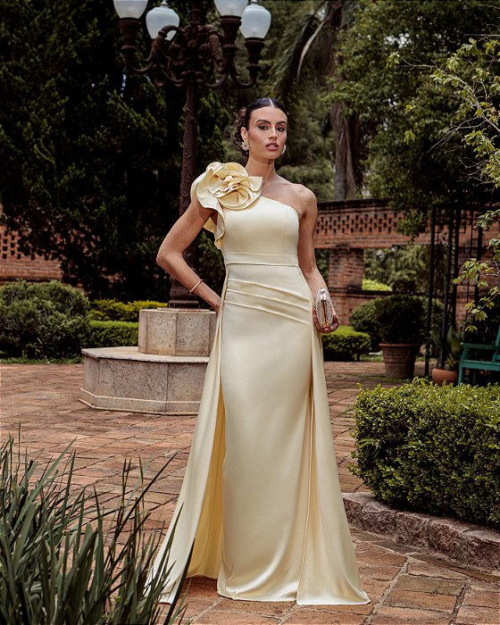 VESTIDO DE FESTA PATRICIA CREPE ACETINADO FLOWERS - AMARELO