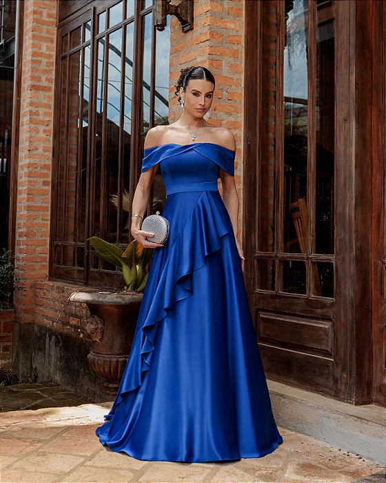 VESTIDO DE FESTA TAYLOR CREPE ACETINADO OMBRO A OMBRO - AZUL ROYAL