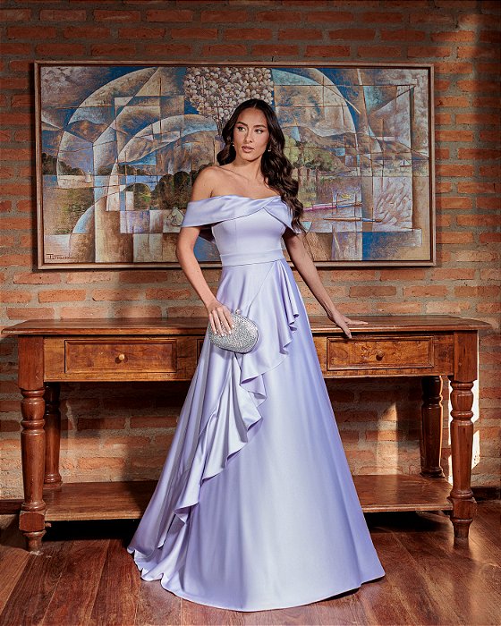VESTIDO DE FESTA TAYLOR CREPE ACETINADO OMBRO A OMBRO - LAVANDA
