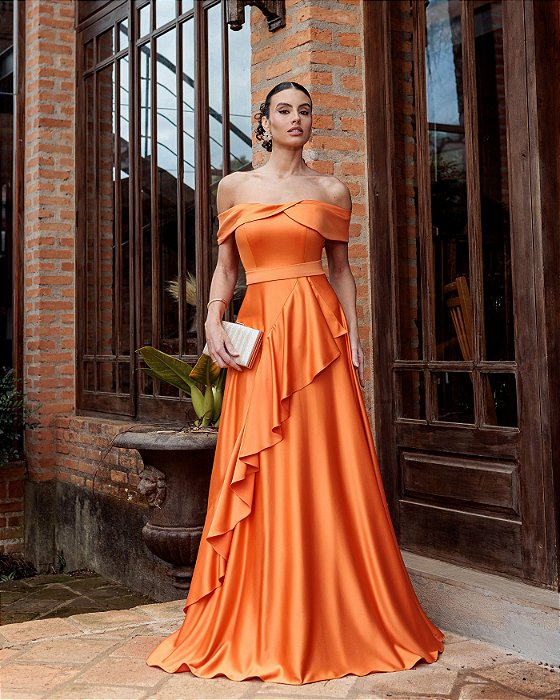 VESTIDO DE FESTA TAYLOR CREPE ACETINADO OMBRO A OMBRO - LARANJA
