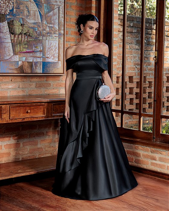 VESTIDO DE FESTA TAYLOR CREPE ACETINADO OMBRO A OMBRO - PRETO