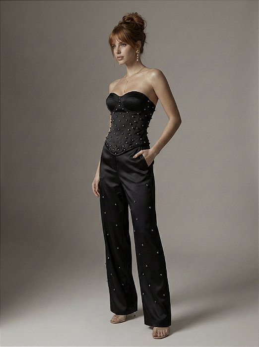 CALÇA PANTALONA ALFAIATARIA ACETINADA PÉROLAS NOBLESSE - PRETO