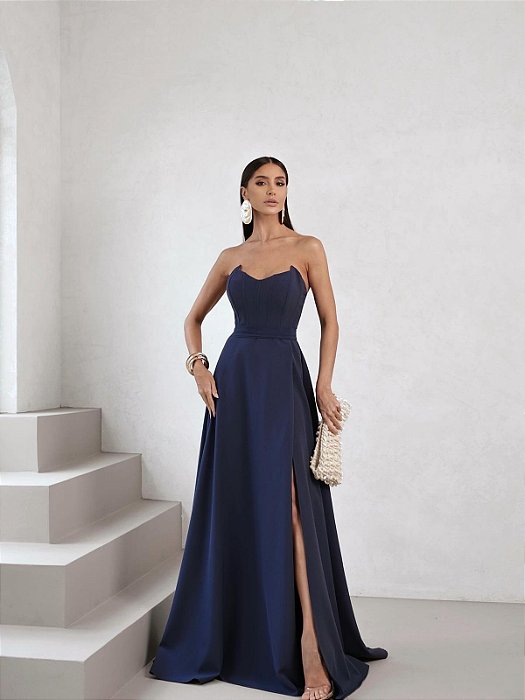 VESTIDO DE FESTA AUSTIN T.Q.C CREPE ALFAIATARIA - AZUL MARINHO