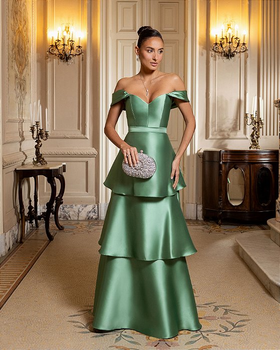 VESTIDO DE FESTA MYKONOS ZIBELINE CAMADAS - VERDE OLIVA