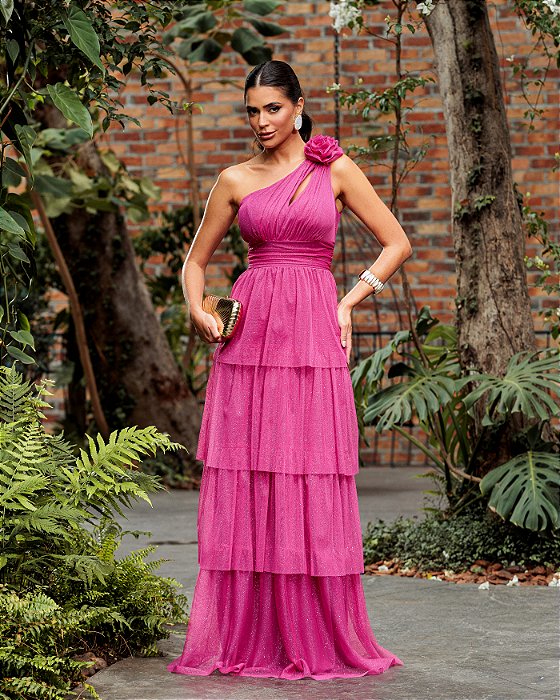 VESTIDO DE FESTA NEW FLOWERS TULE BRILHO - FÚCSIA