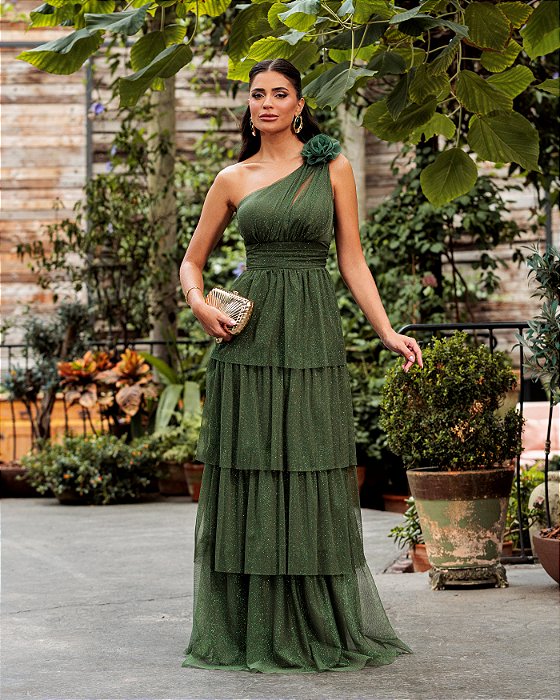 VESTIDO DE FESTA NEW FLOWERS TULE BRILHO - VERDE OLIVA