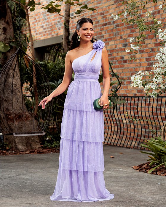 VESTIDO DE FESTA NEW FLOWERS TULE BRILHO - LAVANDA