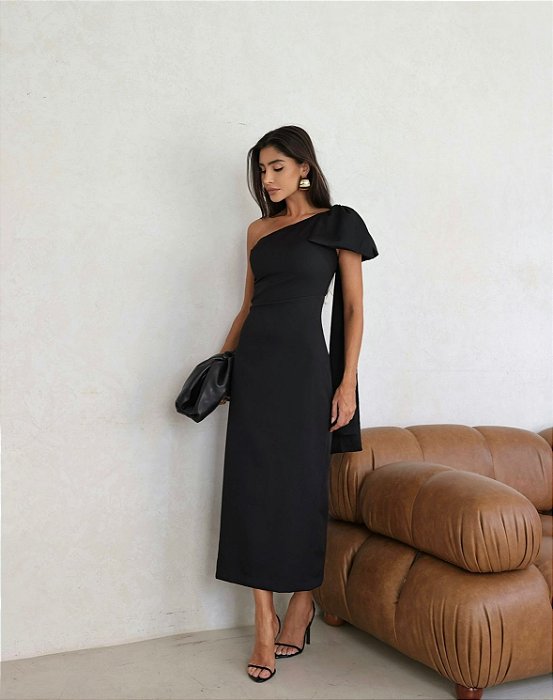VESTIDO FLÁVIA LONGUETE TUBINHO LAÇO - PRETO