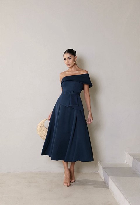 VESTIDO LARA MIDI COM CINTO - AZUL MARINHO