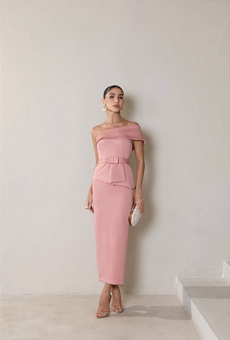 VESTIDO ESPANHA LONGUETE UM OMBRO COM CINTO - ROSÉ