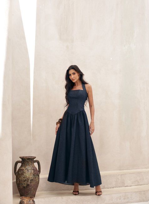 VESTIDO LONGO FRENTE ÚNICA MARCELE - AZUL JEANS