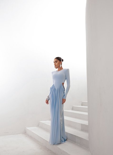 VESTIDO PARIS MANGA LONGA SAIA DRAPEADA - AZUL SERENITY