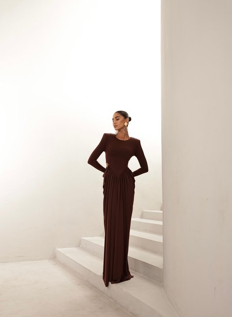 VESTIDO PARIS MANGA LONGA SAIA DRAPEADA - MARROM