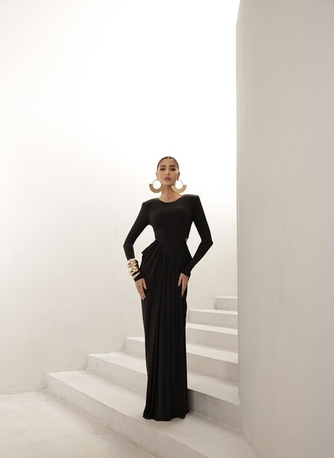 VESTIDO PARIS MANGA LONGA SAIA DRAPEADA - PRETO