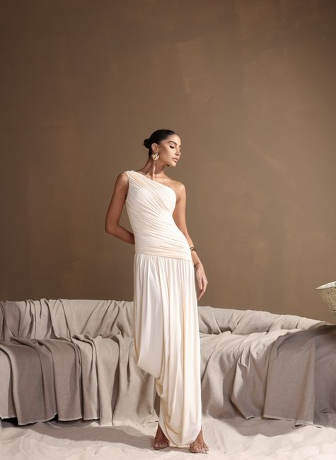 VESTIDO LONGO ASSIMÉTRICO BRUNA - CHAMPANGNE